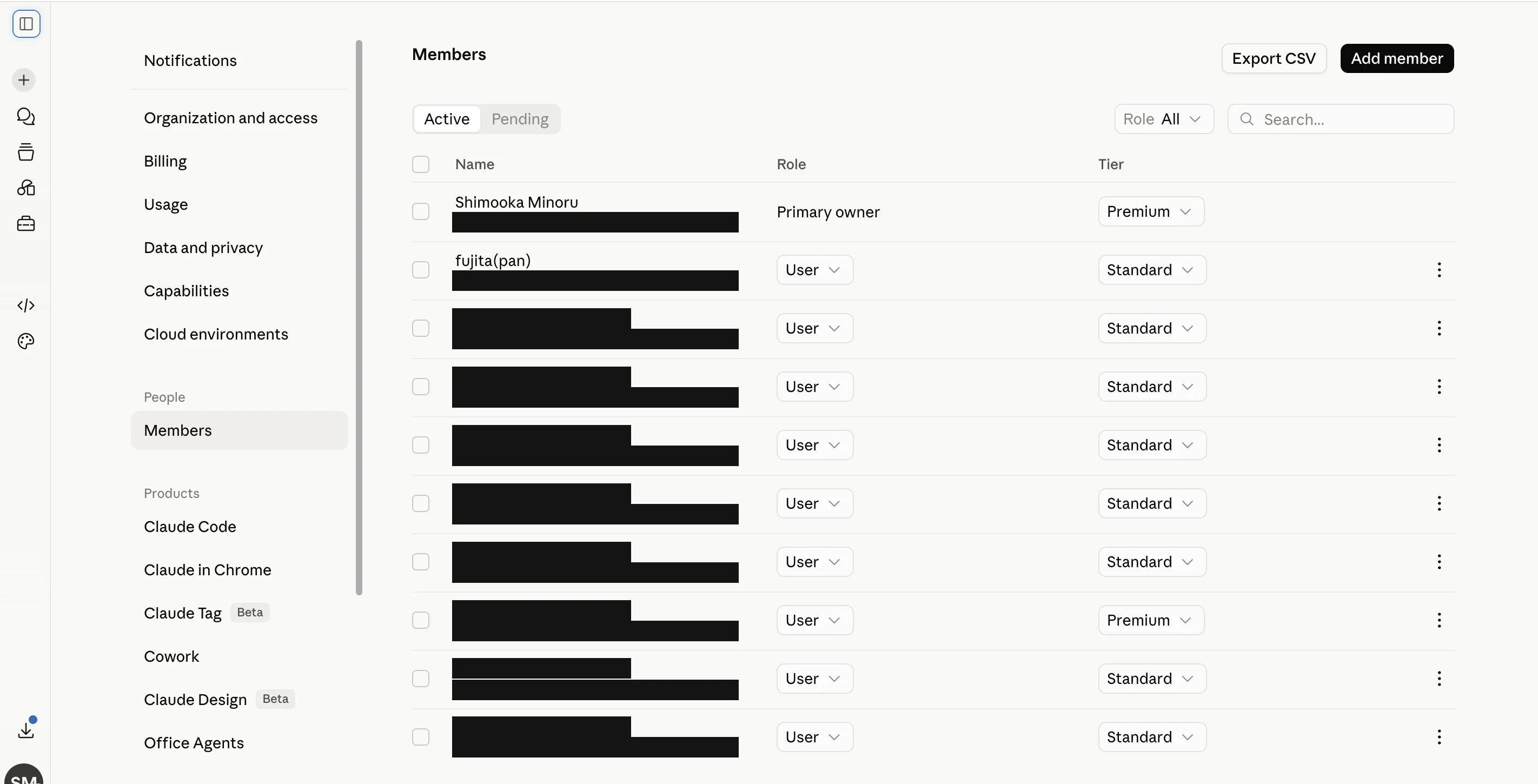 Team管理画面のMembers一覧。ほとんどのメンバーはStandardシートで、リミットによく達する一部のメンバーだけPremiumシートに設定している